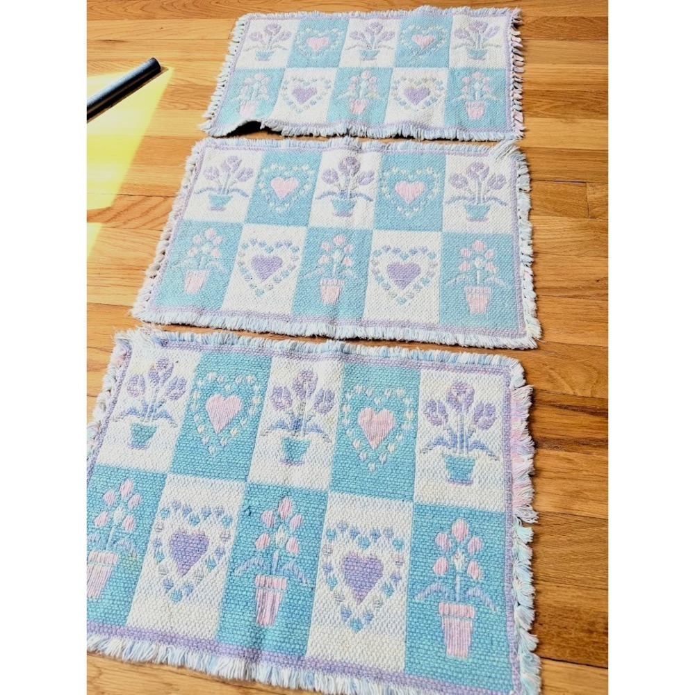 VTG 3 Pastel Heart Floral Placemats Rectangular 2 Sided 1990s Spring Cottagecore